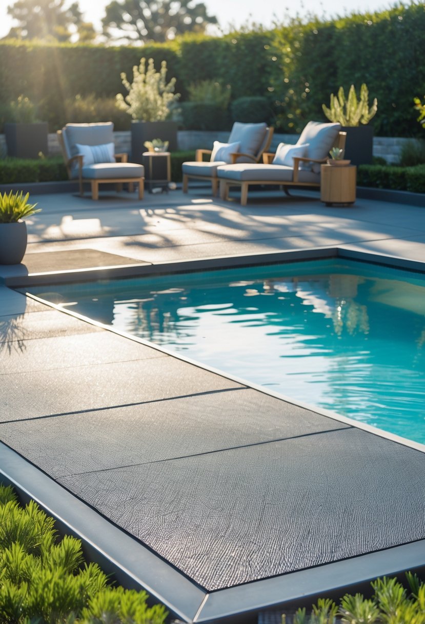 A poolside deck with a non-slip surface, lounge chairs, side tables, potted plants, and a clear pool under bright sunlight.