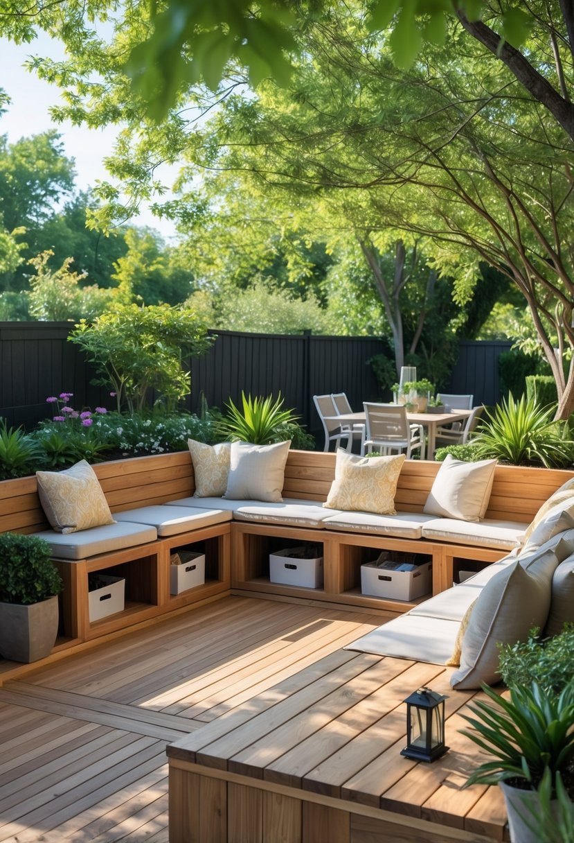 Outdoor patio deck with wooden bench seating featuring built-in storage compartments, surrounded by plants and outdoor furniture.