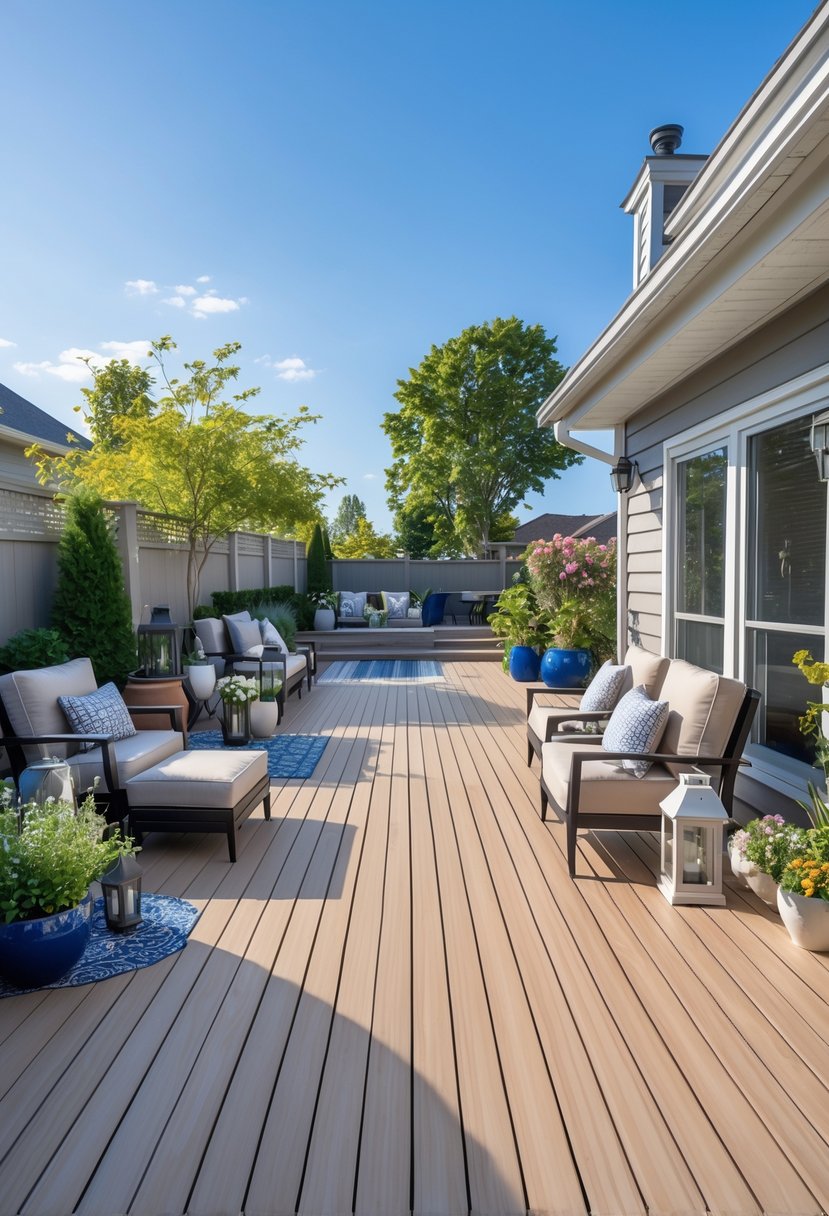 Outdoor patio with composite decking, outdoor furniture, plants, and garden under a clear sky.