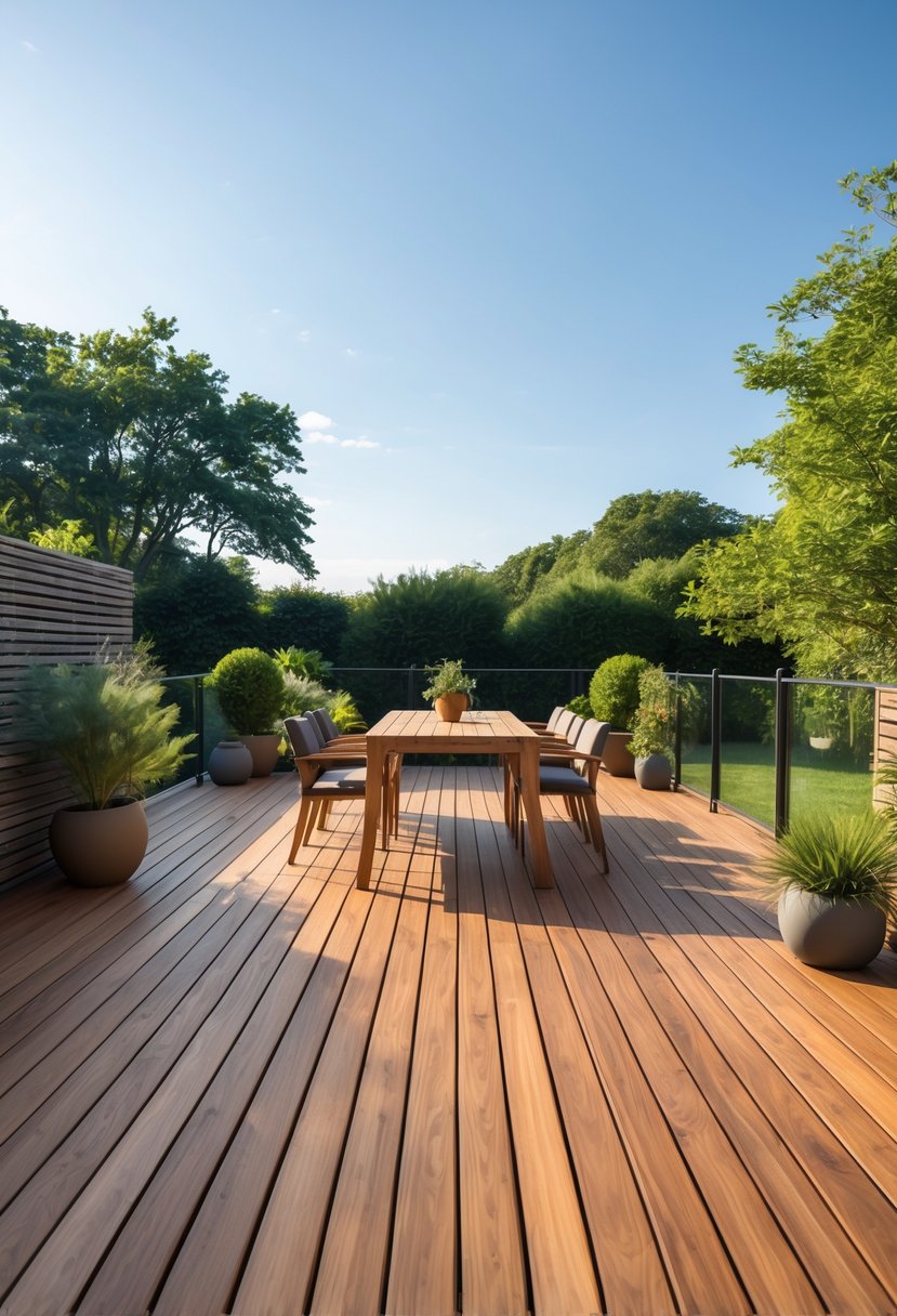 A spacious outdoor wood deck with natural stain finish, furnished with a dining table, chairs, and plants under a clear sky.