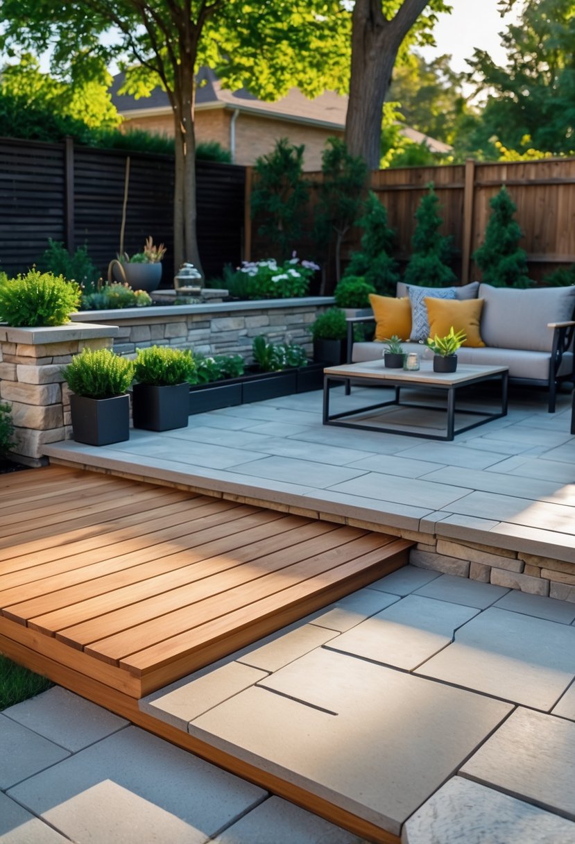 Backyard showing a smooth connection between a wooden deck and a stone patio with outdoor furniture and plants.