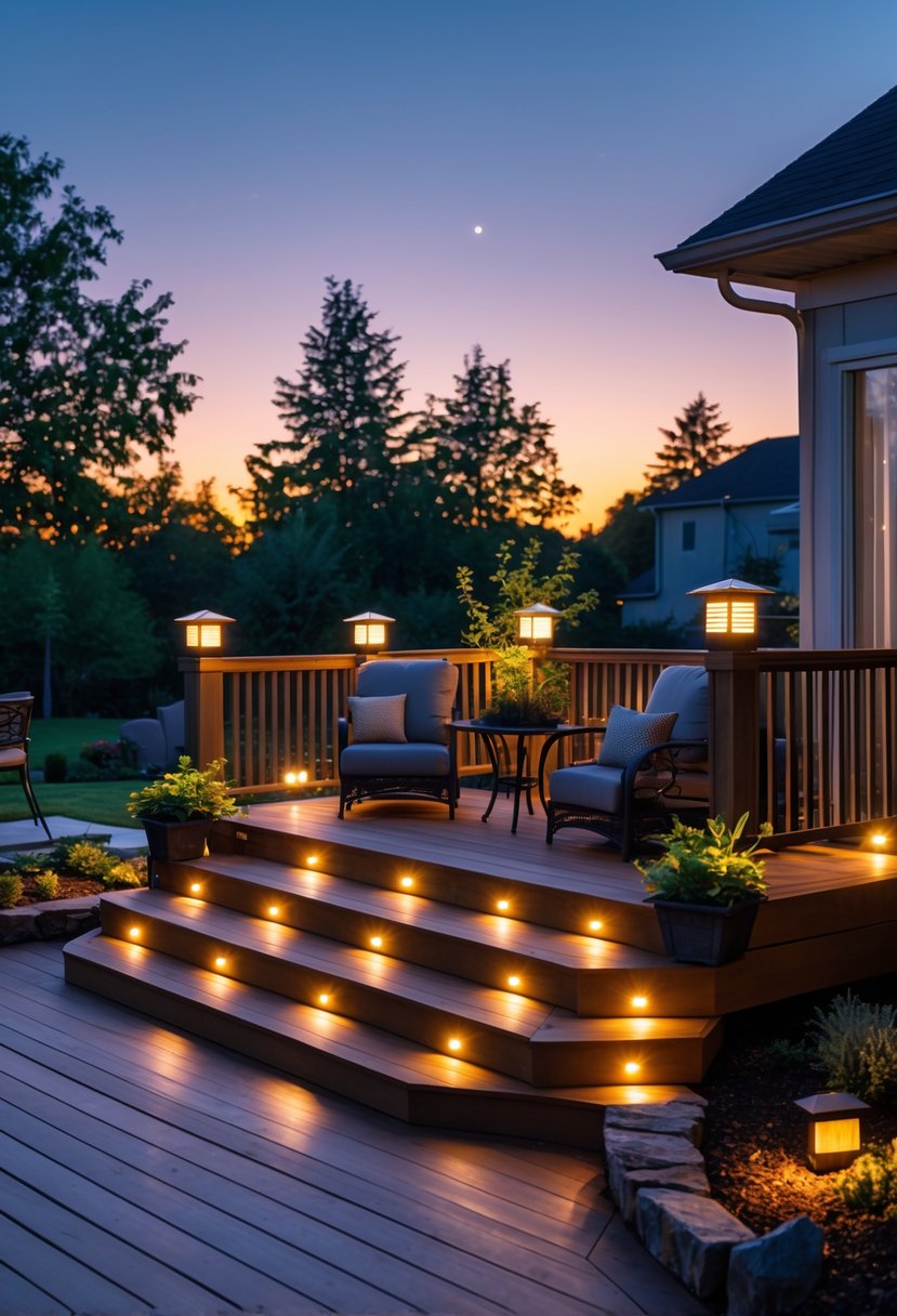 An outdoor wooden patio deck at dusk lit by solar-powered lights with seating and surrounding plants.