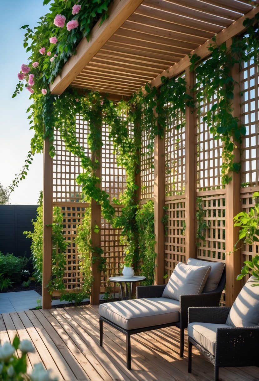 Outdoor patio deck with wooden privacy lattice panels covered in climbing plants and outdoor furniture.