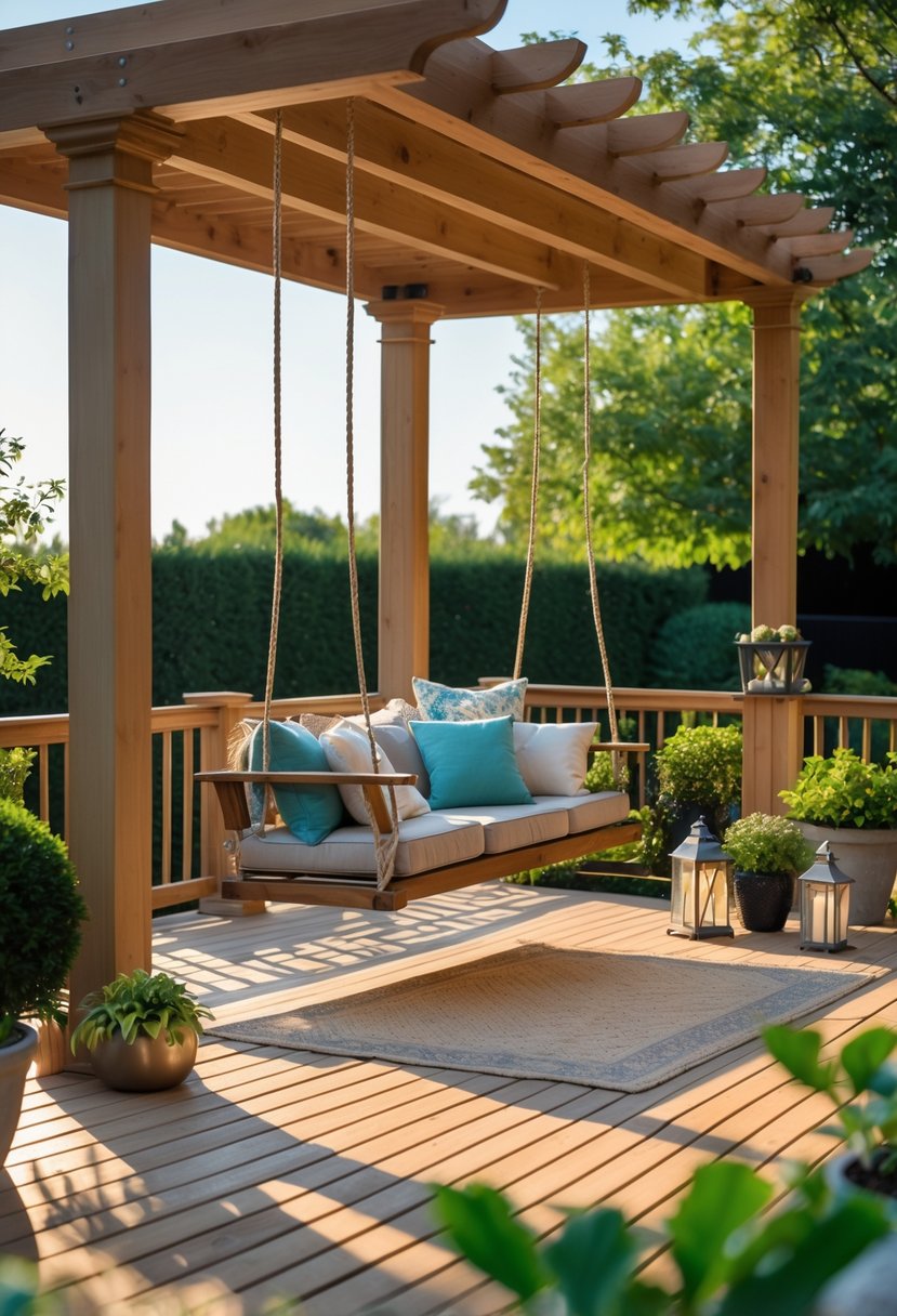 A wooden patio deck with a hammock or deck swing installed, surrounded by plants and outdoor furniture.