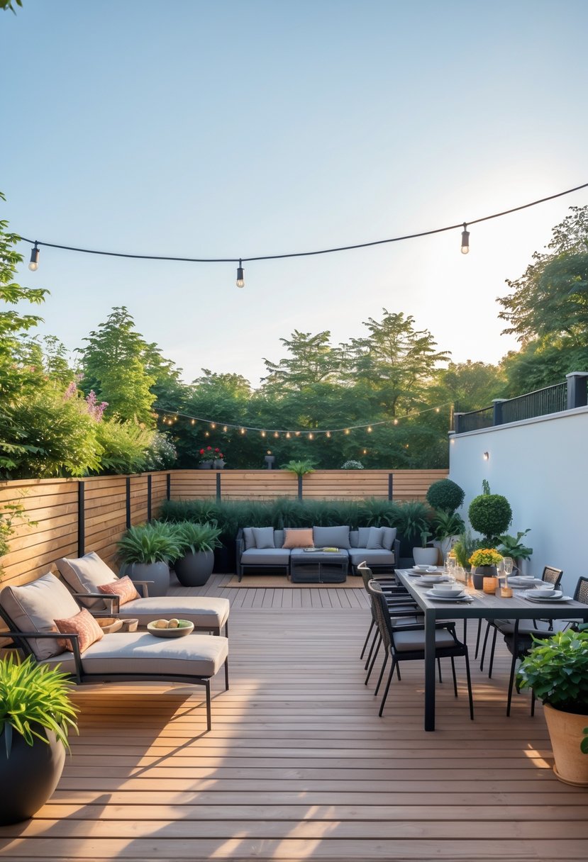 Outdoor wooden patio deck with seating, dining table, plants, and garden in the background under clear sky.