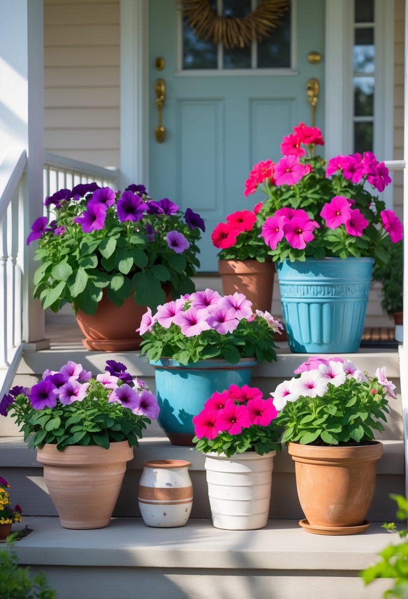 Front porch with various container planters filled with blooming petunias and geraniums arranged along steps and railings.