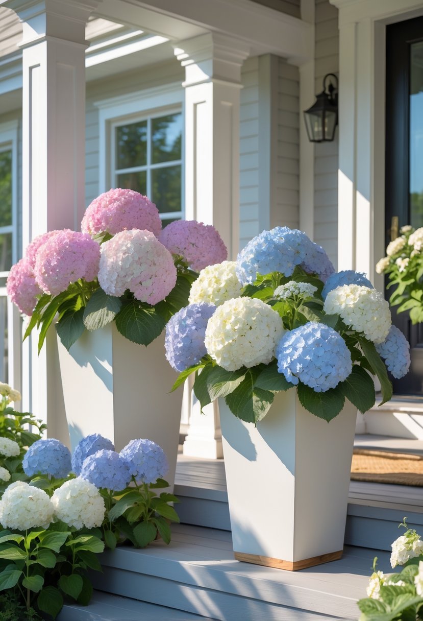 Front porch with tall planters filled with blooming hydrangea flowers in pink, blue, and white.