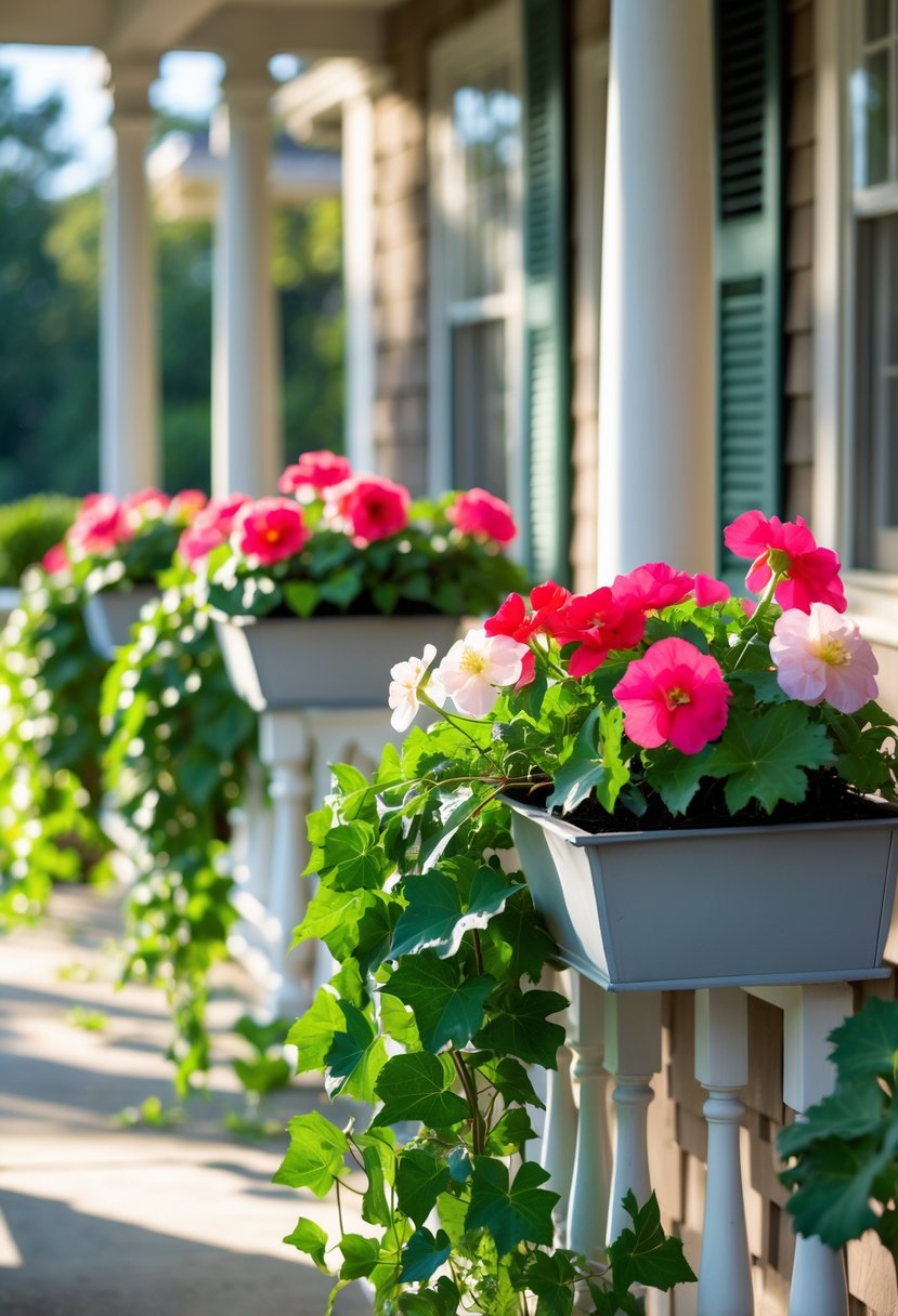 Front porch with rail planters filled with trailing ivy and colorful begonia flowers.