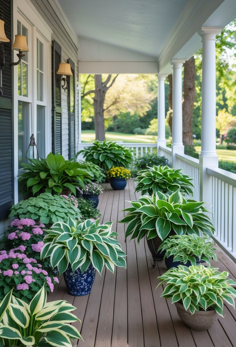 A shaded front porch decorated with various hosta plants and other shade-loving flowers in pots, creating a lush and inviting garden space.
