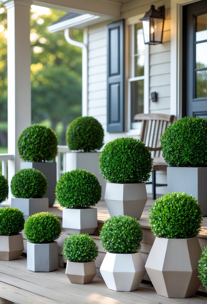 A front porch with fifteen compact boxwood plants in various geometric pots arranged neatly on wooden flooring.