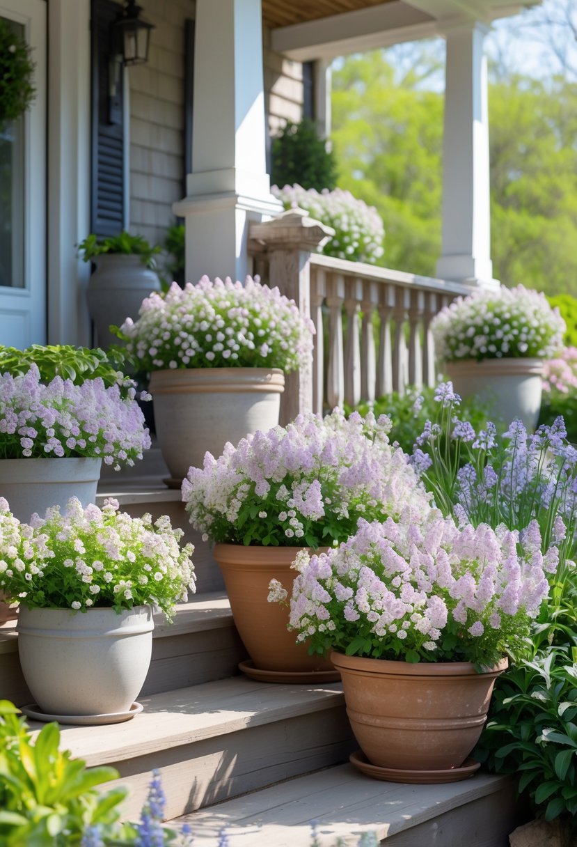 Front porch decorated with pots of blooming sweet alyssum flowers and green plants in natural daylight.