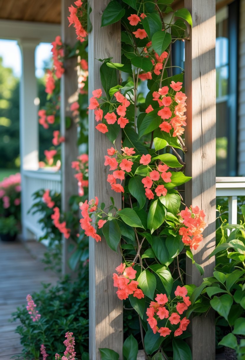 Coral honeysuckle flowers climbing wooden trellises on a front porch surrounded by green leaves and other plants.