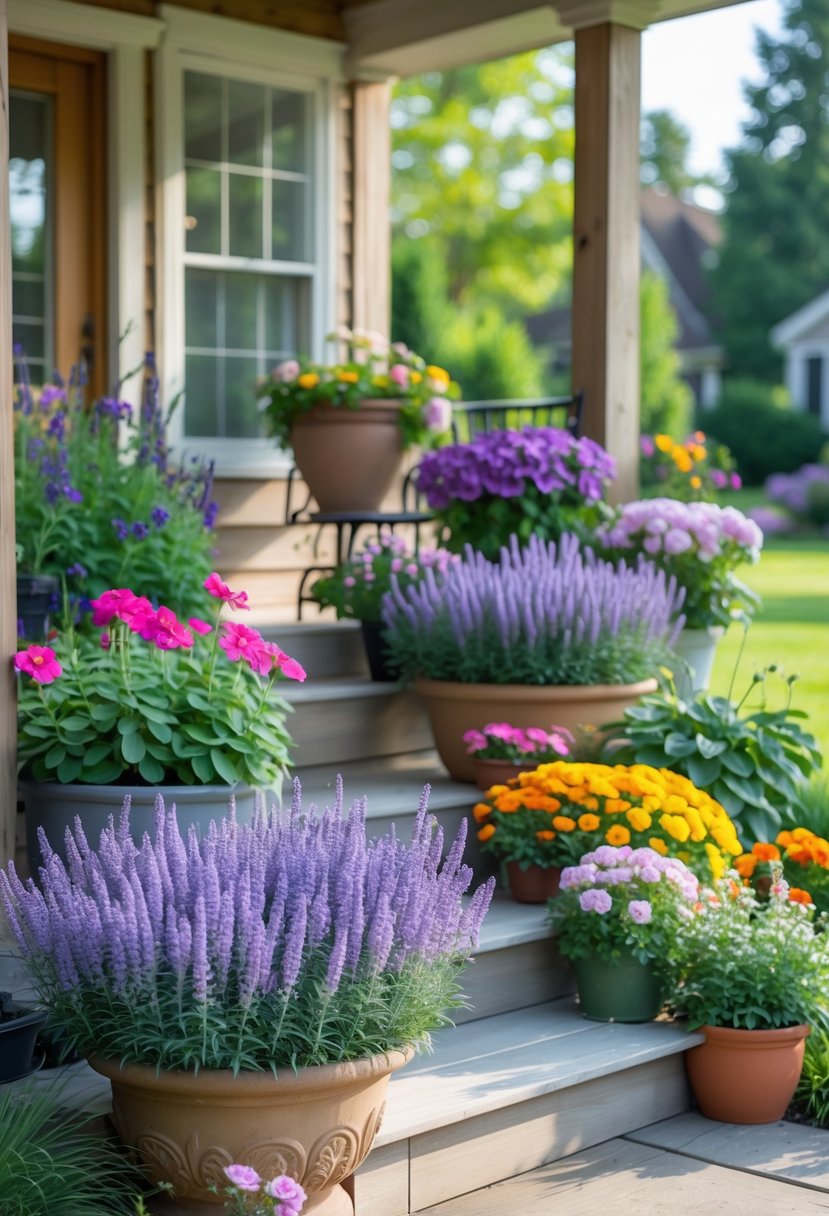 A front porch decorated with fifteen different flowers, including clusters of dwarf lavender with purple blooms, in various pots and garden beds.