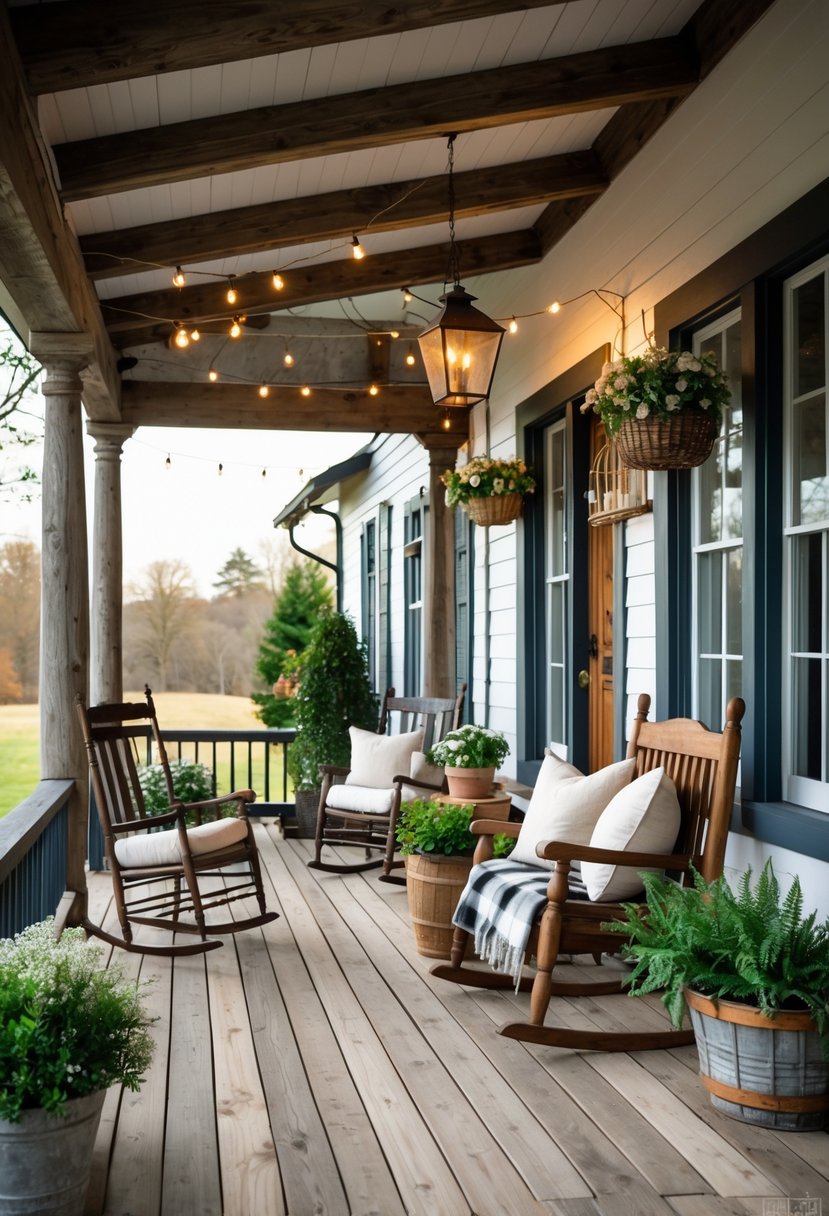 A rustic farmhouse porch with wooden floors, rocking chairs, potted plants, and soft cushions under natural daylight.