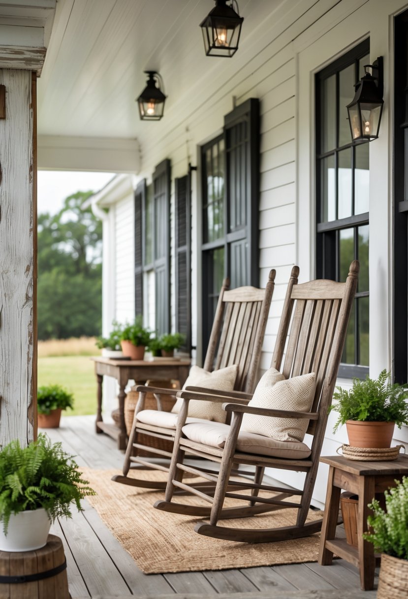 A farmhouse porch with weathered wood rocking chairs and potted plants under natural daylight.