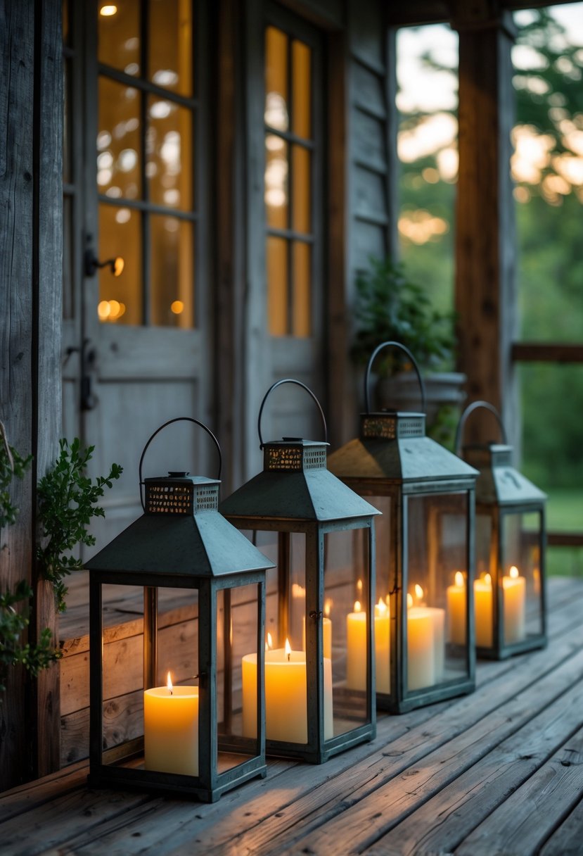 Several vintage metal lanterns with candles inside arranged on a wooden porch with plants in the background.