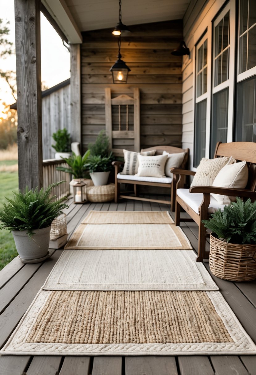 A farmhouse porch with layered neutral-toned outdoor rugs on a wooden floor, decorated with plants and a wooden bench.