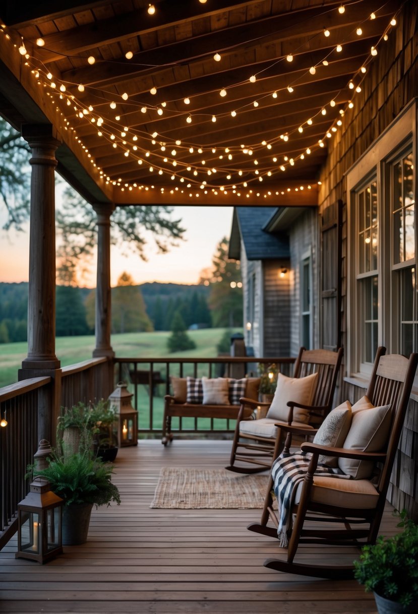 A cozy farmhouse porch at dusk with string lights hanging from the ceiling, wooden chairs, potted plants, and a natural outdoor background.