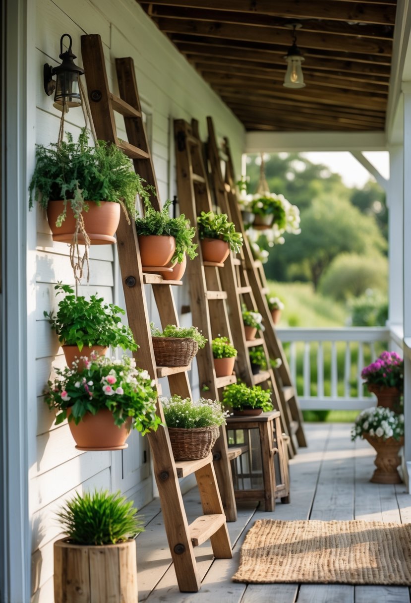 A farmhouse porch with wooden ladders decorated with hanging plants and greenery.