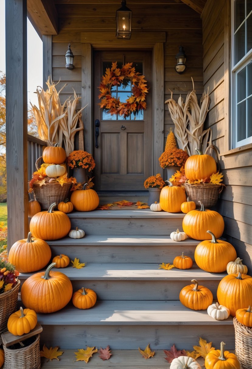 A farmhouse porch decorated with pumpkins, dried corn stalks, fall leaves, and baskets arranged on wooden steps and a bench.
