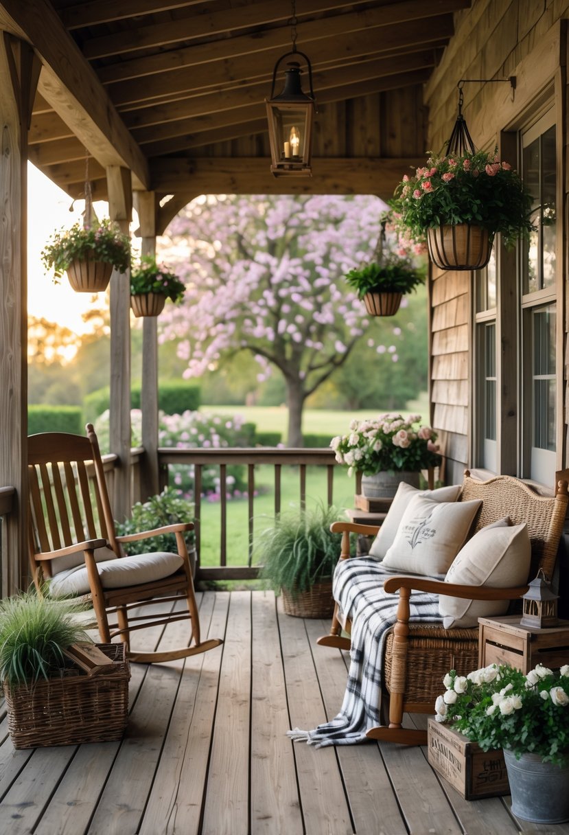 A wooden farmhouse porch with seating, plants, and rustic decorations overlooking a garden.