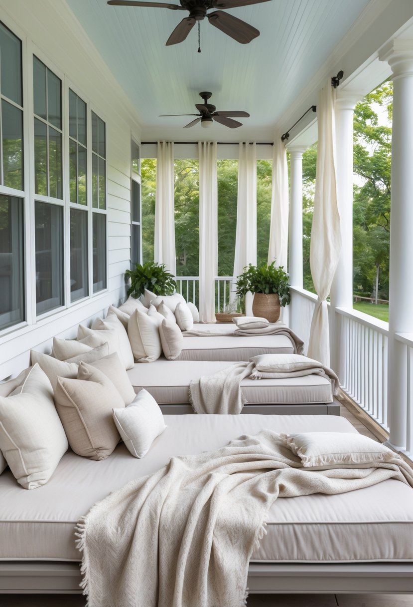 A three-season porch with oversized daybeds covered in layered linen throws, surrounded by windows and greenery.