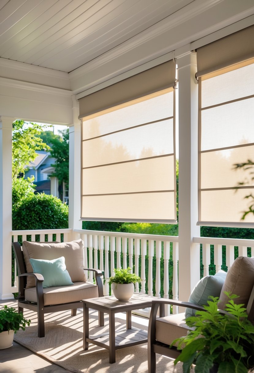 A three-season porch with retractable sun shades partially extended, comfortable seating, and surrounding greenery.