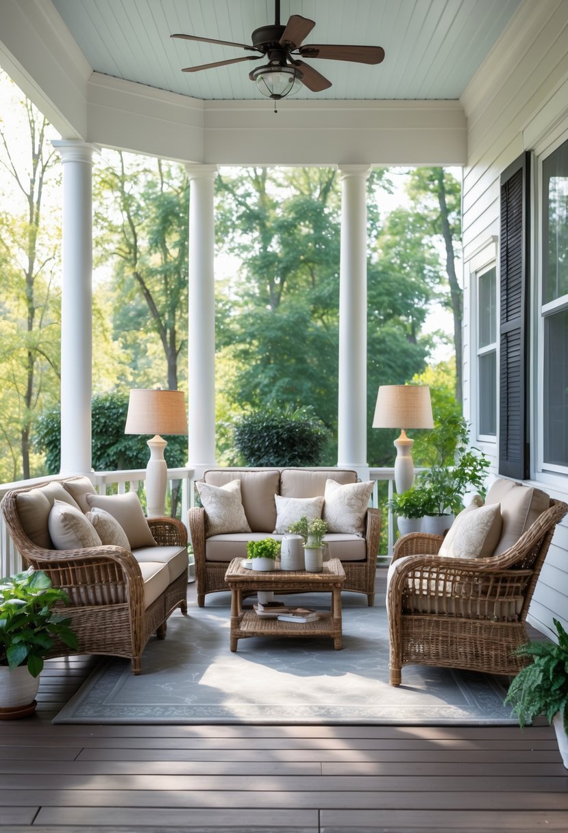 A bright 3-season porch with rust-resistant wicker furniture including a sofa and chairs, surrounded by plants and natural light.