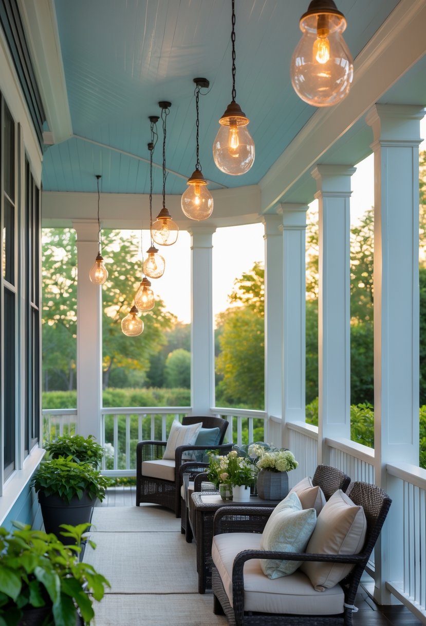 A three-season porch with hanging pendant lights, comfortable seating, and large windows overlooking greenery.
