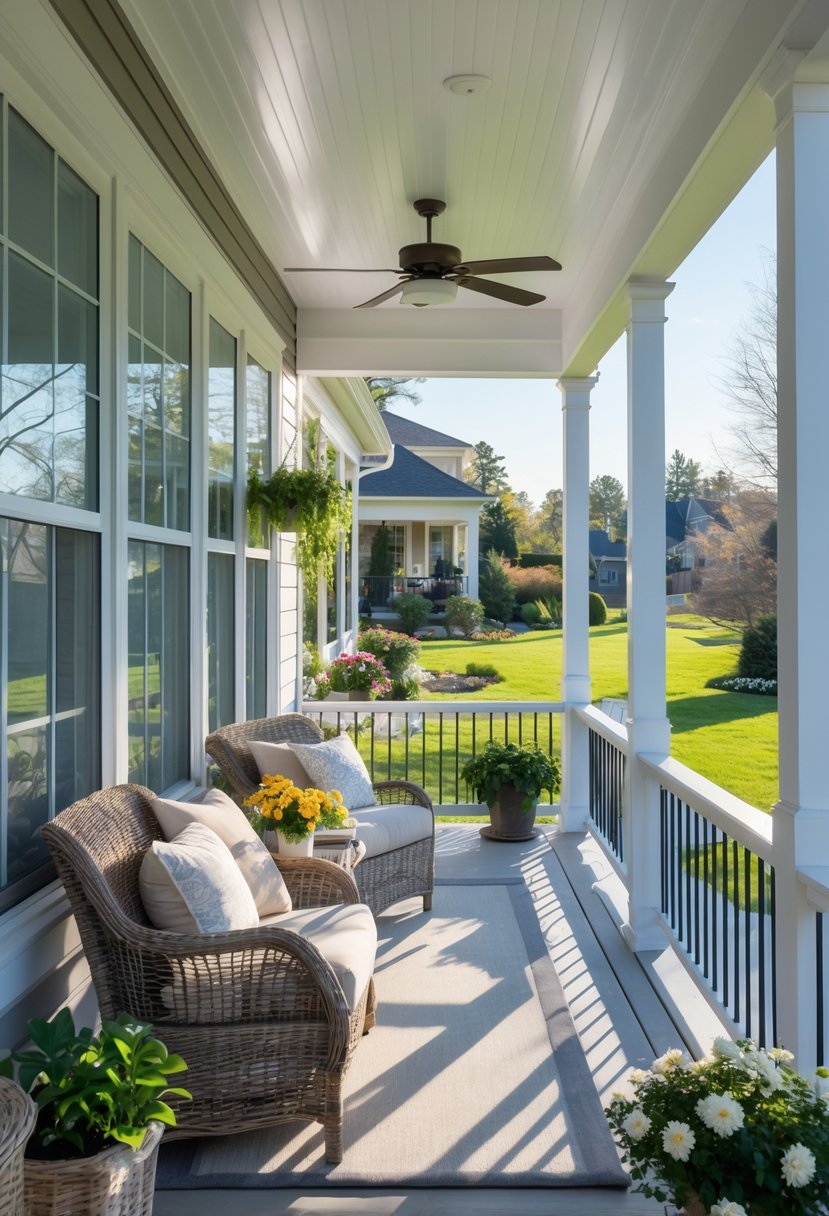 A bright three-season porch with comfortable seating, plants, and large windows overlooking a garden.