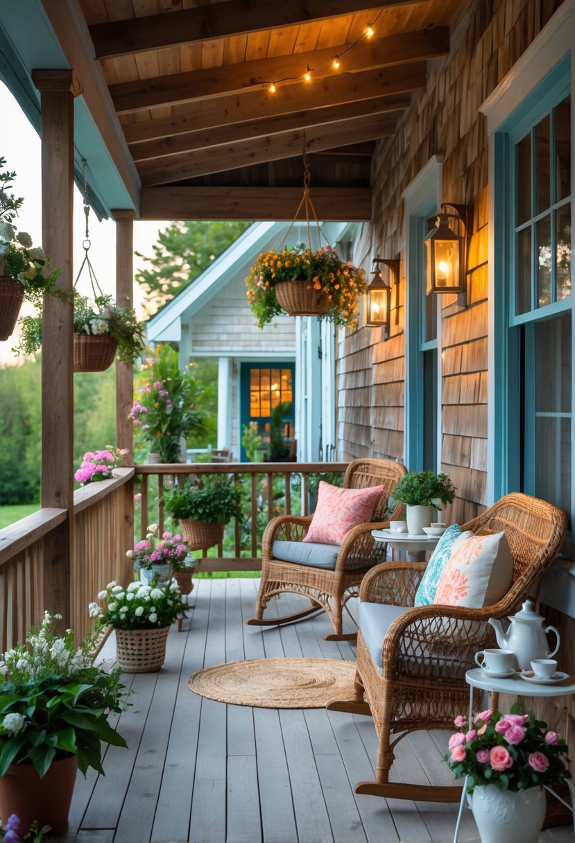 A cozy cottage porch with seating, plants, flowers, and warm lighting in front of a wooden house.