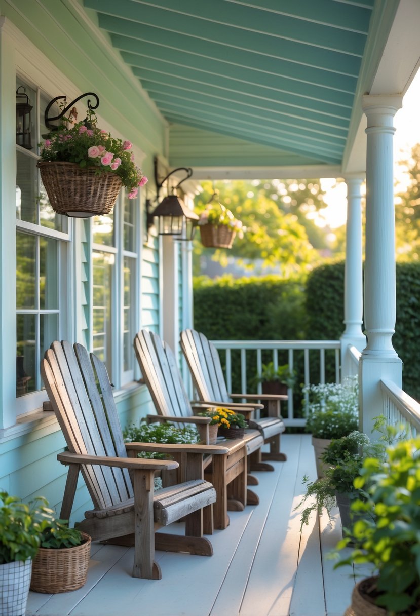 A wraparound porch with vintage Adirondack chairs, potted plants, and hanging flower baskets outside a cottage.