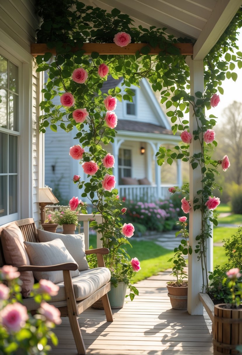A cottage porch shaded by climbing roses growing on a wooden trellis, with wooden furniture and potted plants nearby.