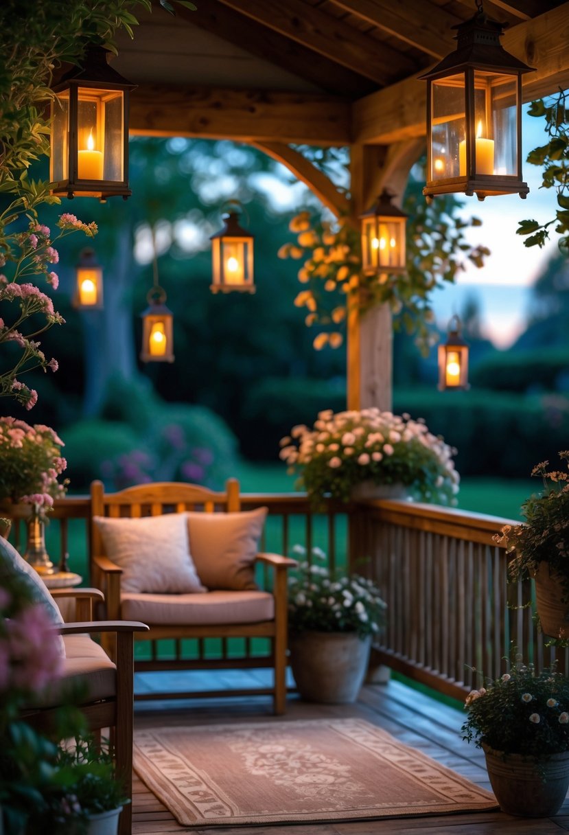A cozy cottage porch at dusk with hanging lanterns casting warm light over wooden furniture and plants.
