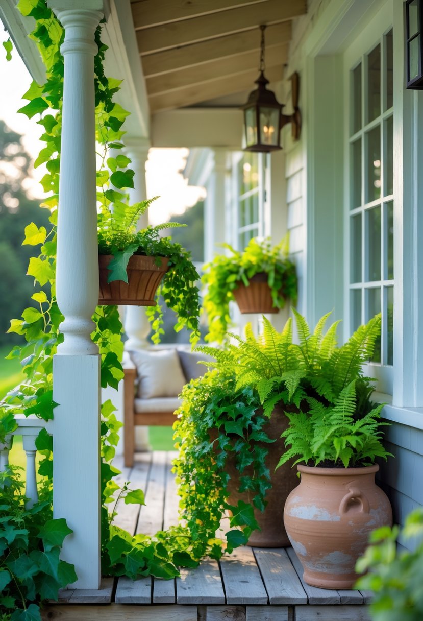 A cottage porch with cascading ivy and fern plants in various hanging and potted planters, surrounded by wooden railings and a bench.
