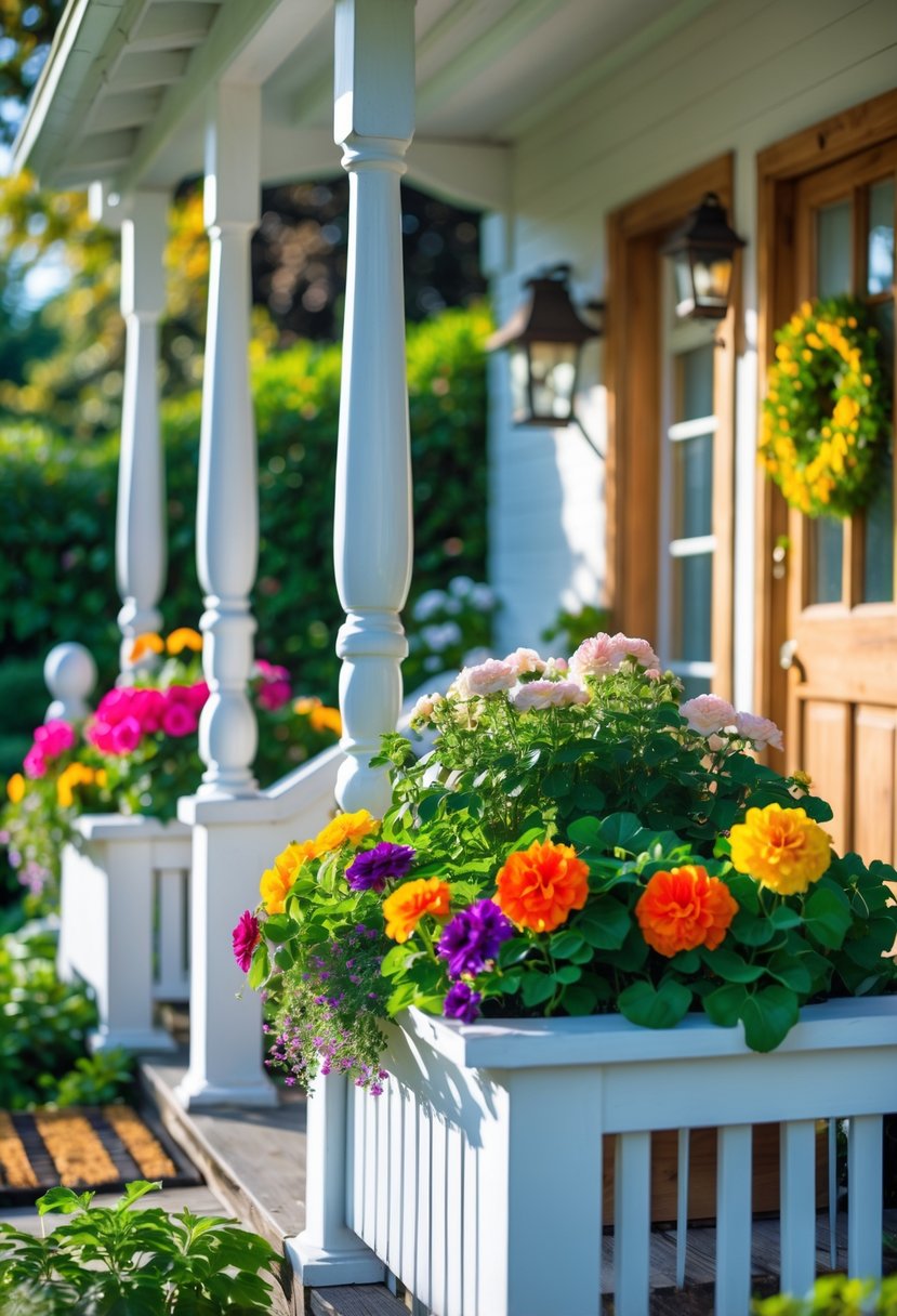 A cottage porch with white railings decorated with colorful flower boxes filled with blooming flowers.
