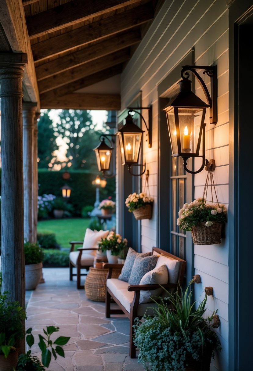 A warmly lit cottage porch with lantern-style wall lights, wooden beams, seating area, and plants in the evening.