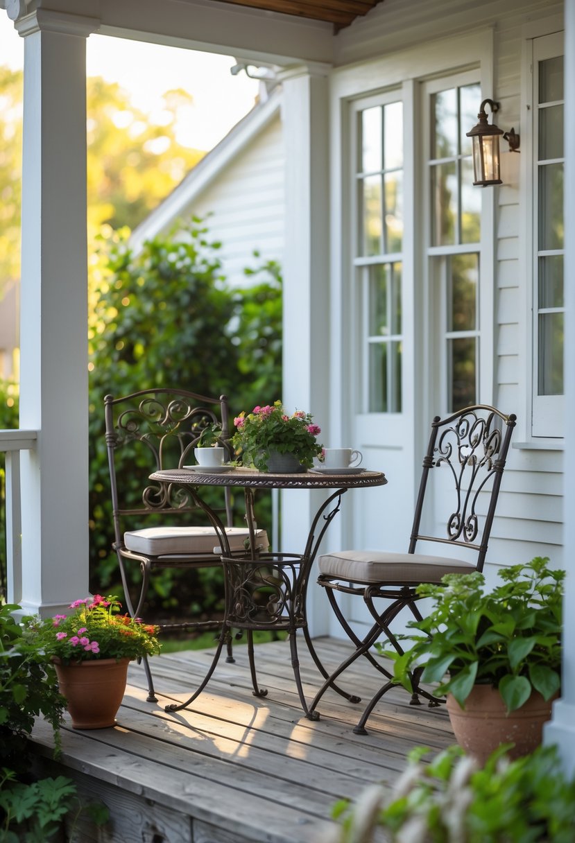 A porch with a wrought iron table and two chairs surrounded by plants and flowers.