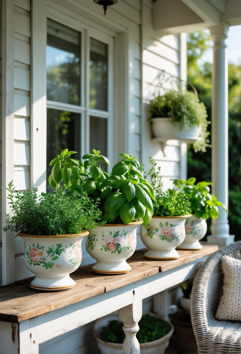 A porch with vintage porcelain planters holding fresh green herbs arranged on a wooden table and shelves.