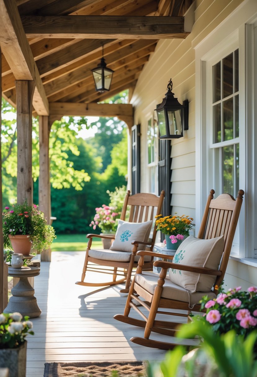 A cozy cottage porch with wooden seating, potted flowers, and greenery on a sunny day.