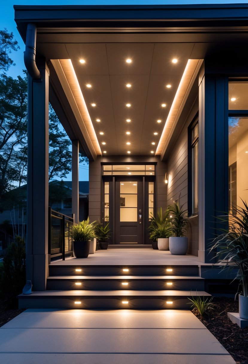 A front porch at twilight illuminated by recessed ceiling lights, showing a welcoming entrance with plants and seating.