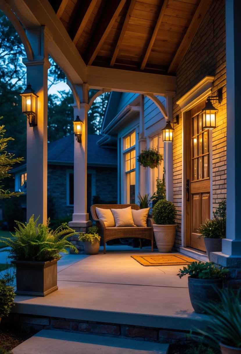 A front porch at dusk with warm lighting, plants, and a seating area by the entrance of a house.