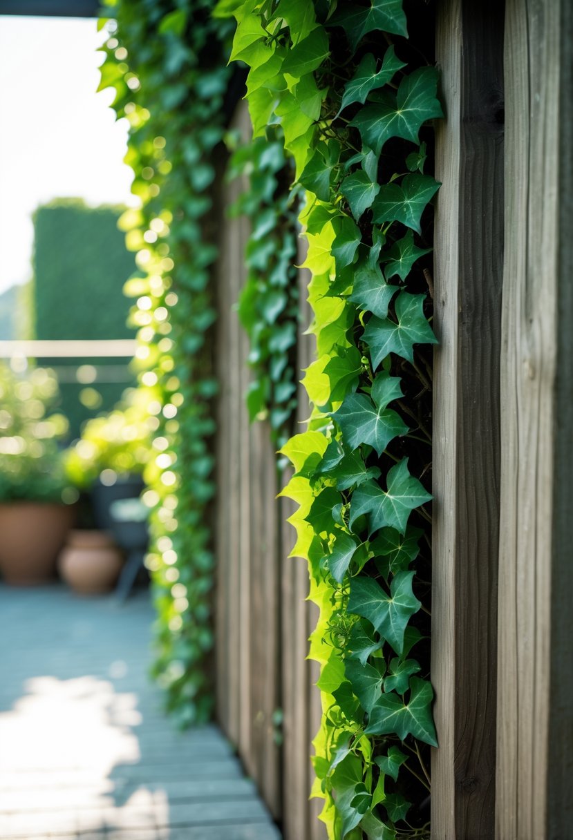 A wooden fence covered in green ivy providing privacy for an outdoor terrace.