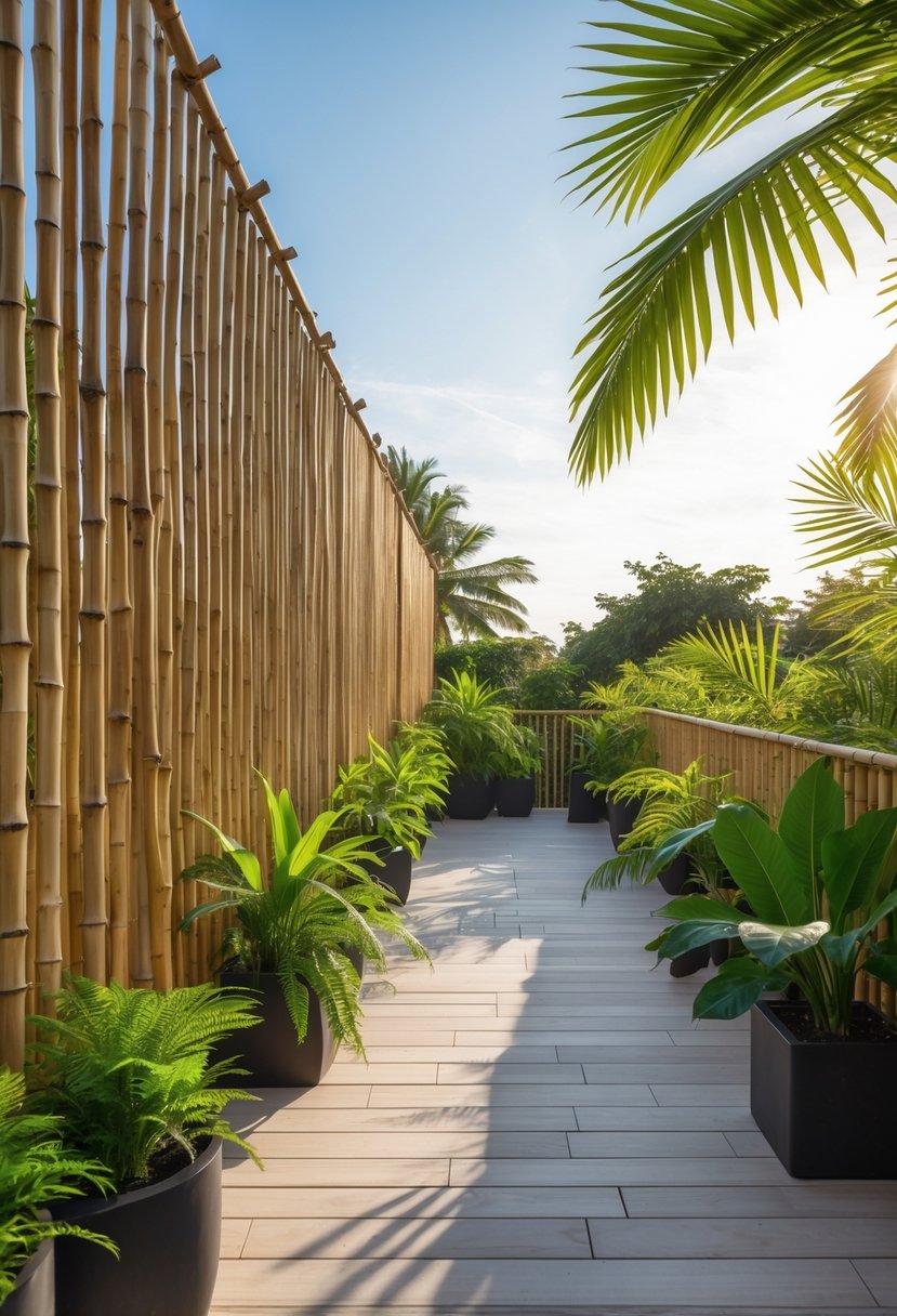 A terrace with bamboo fencing surrounded by green tropical plants under clear daylight.