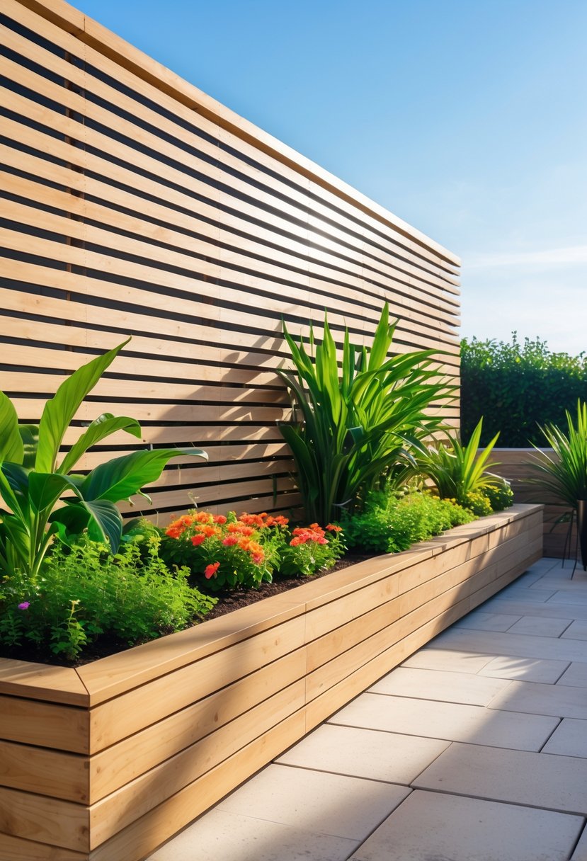Outdoor terrace with a wooden fence that has built-in planter boxes filled with green plants and flowers.