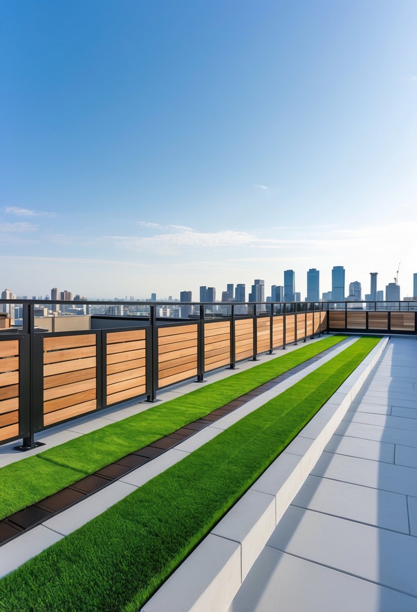 A rooftop terrace with various fence designs and artificial grass borders along the edges overlooking a city skyline.