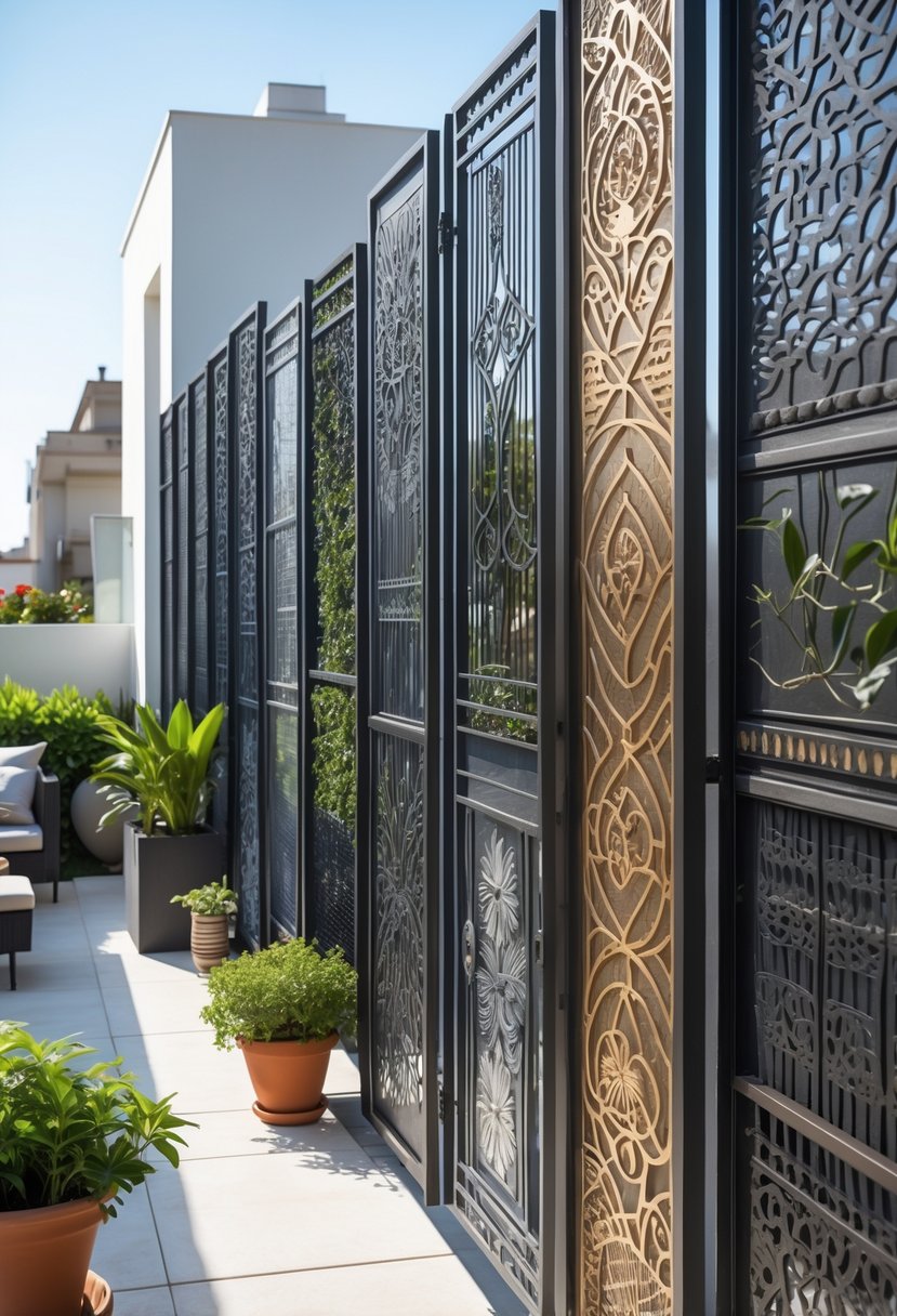 A terrace with various decorative metal panels used as artistic barriers, surrounded by plants and outdoor furniture.