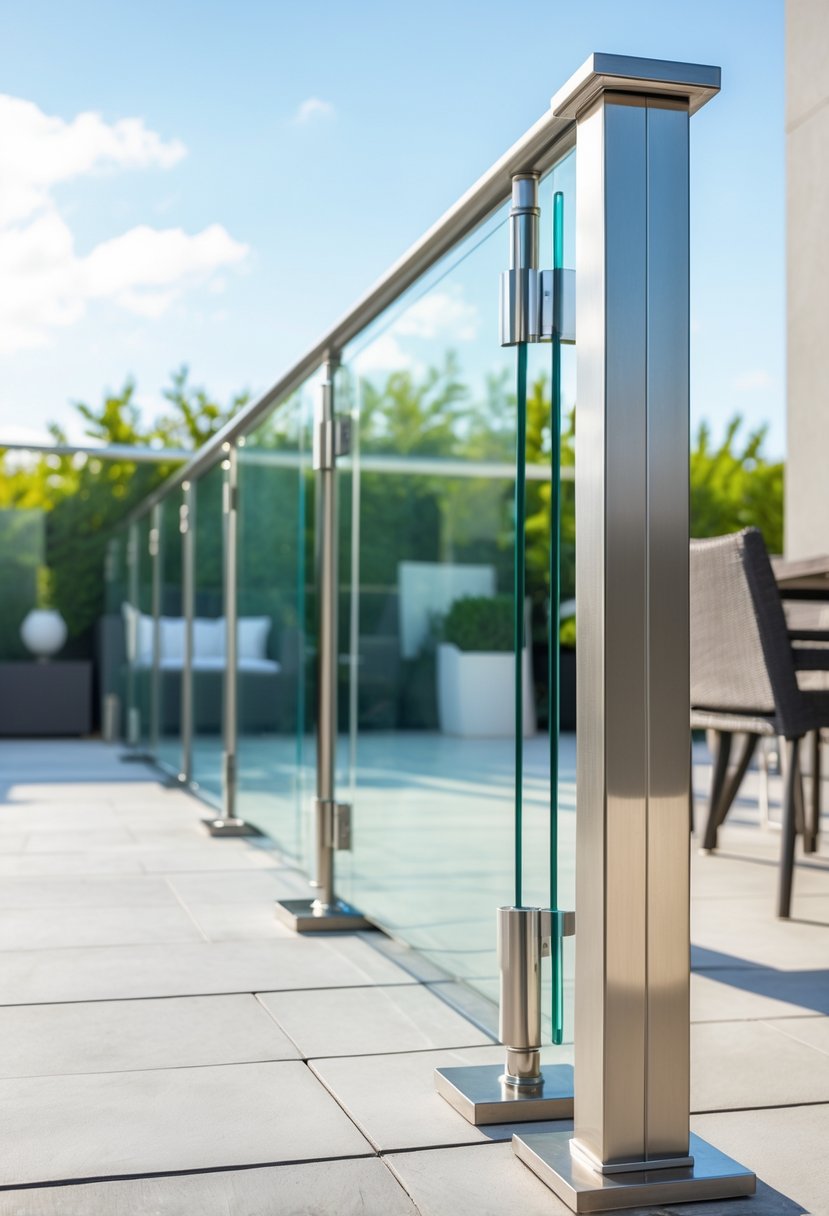 Outdoor terrace with clear tempered glass fencing and stainless steel posts, surrounded by modern furniture and plants.