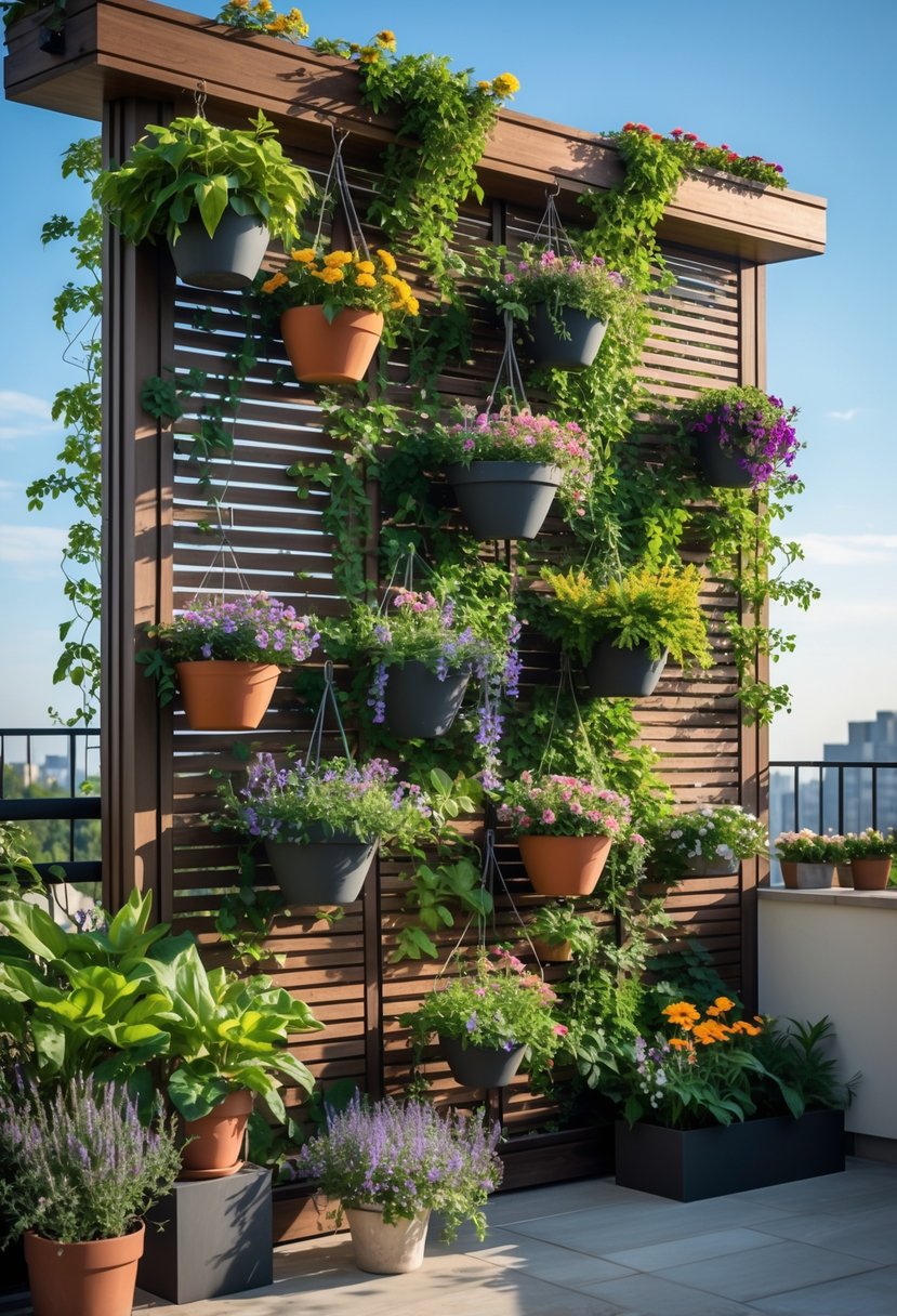 A terrace privacy fence decorated with hanging flower baskets and climbing plants under a clear sky.