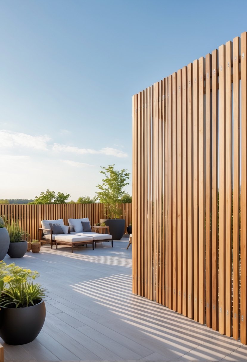 A wooden slat fence with adjustable spacing surrounding a terrace with outdoor furniture and plants.